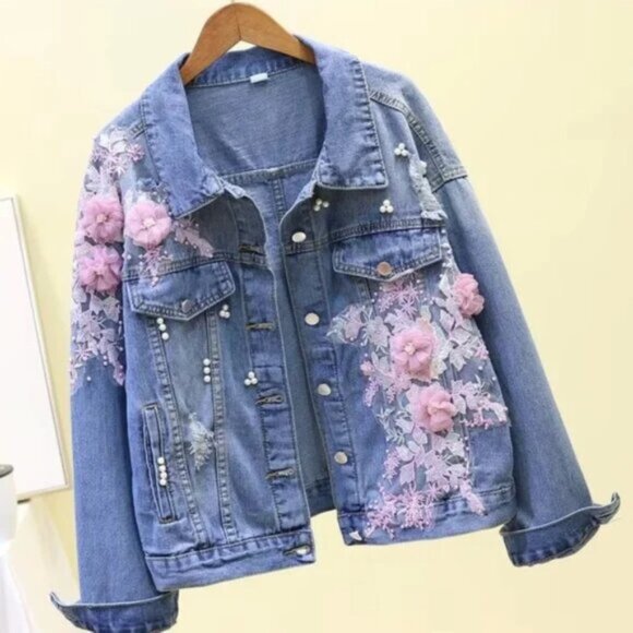 Medium Wash Distressed Floral Applique Faux Pearl Jean Jacket - Picture 1 of 11